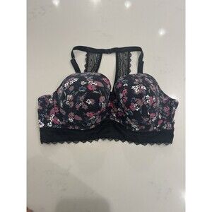 Cacique 46C Floral Lace Racerback Bra Black Pink Padded Underwire Women’s